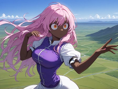 high quality, best quality, masterpiece, highres, very aesthetic, absurdres, <lora:illustrious_quality_modifiers_masterpieces_v1:.6>, detailed hair, <lora:NSFWFilter_illusXL_Incrs_v1:-.5>, solo focus, dynamic pose, portrait, headshot, 
\(Touhou\), long hair, soft pink hair, bright orange eyes, dark-skinned female, very dark skin, wide hips, medium breasts, puffy short sleeves
, outdoors, landscape, horizon, at a mountain range, <lora:HoneyMapache:.85>, big eyes, skinny
