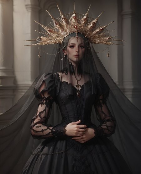 score_9. score_8_up, score_7_up, score_6_up, score_5_up, score_4_up, 1girl, c0r0n4t10n, long sleeves, puffy sleeves, black dress, lace dress, large crown, Veil, <lora:c0r0n4t10nXLP:0.65>