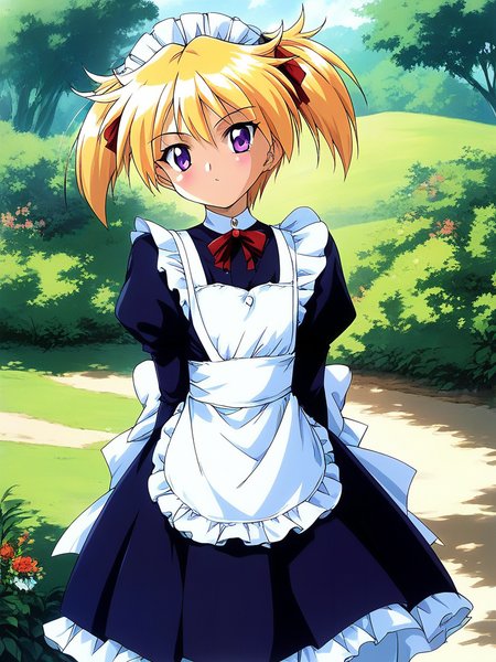 score_9, score_8_up, score_7_up, source_anime, rating_explicit, BREAK  <lora:Ijuin_Mei_XL:1> Ijuin_Mei, blonde hair, short hair, purple eyes,
twintails, solo,  long sleeves, looking at viewer, ribbon, maid, short stack, flat chest,
blush,  outdoor, day,
looking at viewer, 
cowboy_Shot,