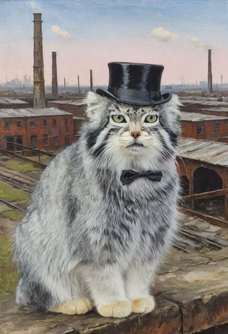 s4s the pallas's cat, cat wearing top hat and monocle in front of victorian factories in backgrounf, oil painting