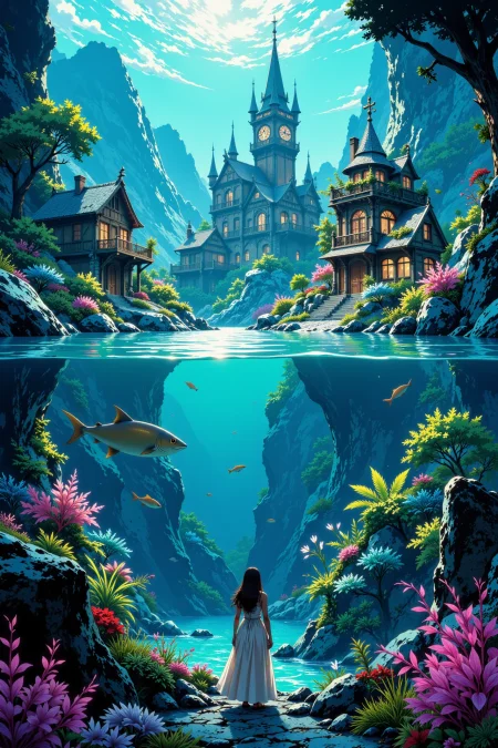 an underwater fantasy village beautiful  landscape, morning, woman, very intricate, very detailed, sharp, bright, colorful, <lora:Hand v2:0.5> <lora:Anti-Blur:1><lora:Insane Detail Slider:0.25>  <lora:flux.1_lora_flyway_Epic-detail_v2:0.3> <lora:fluxenhancer:0.25> <lora:ROWER:0.6> <lora:flux-charmer-v1-1:0.4> <lora:Vibrantly_Sharp_style_v.5:0.3> <lora:realanime:0.8>