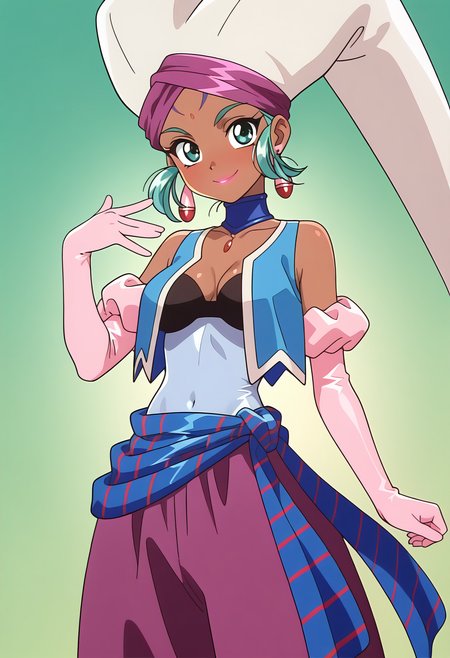 masterpiece, best quality, amazing quality, 1girl, solo,
<lora:female_jinn1_v01:0.9>, female_jinn1, dark-skinned female, green hair, short hair, facial mark, bindi, green eyes, lipstick,
hat, turban, earrings, choker, jewelry, blue vest, arabian clothes, cleavage, waist bandana, striped bandana, pink elbow gloves, purple harem pants, smile, posing, looking at viewer