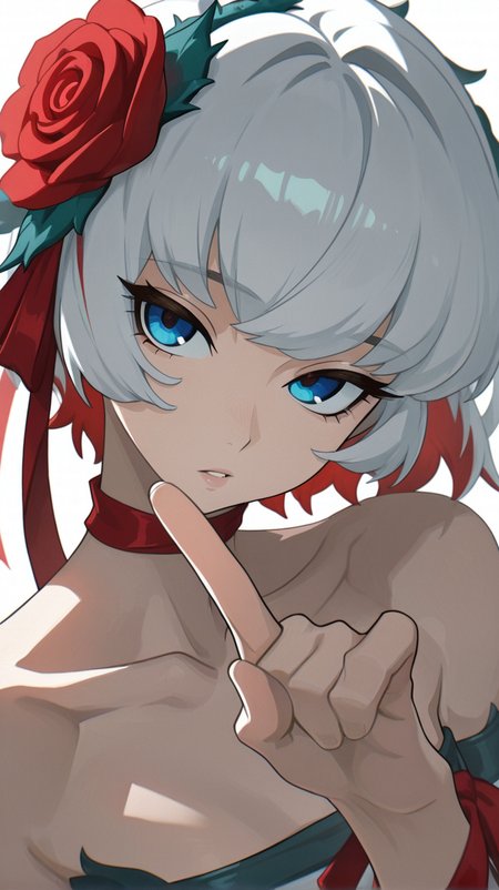 1girl, solo, looking_at_viewer, short_hair, bangs, blue_eyes, simple_background, hair_ornament, white_background, ribbon, bare_shoulders, collarbone, upper_body, flower, white_hair, grey_hair, red_hair, multicolored_hair, parted_lips, hand_up, hair_flower, red_ribbon, head_tilt, rose, red_flower, index_finger_raised, red_rose, thorns