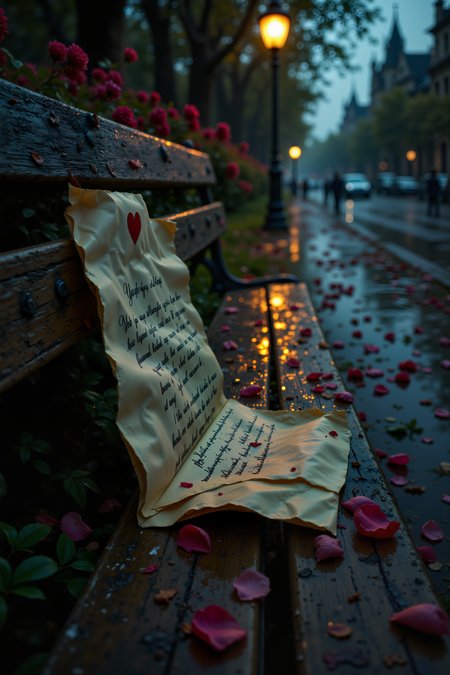A Rain-Soaked Love Letter Lying Forgotten on a Park Bench. On an old wooden park bench, a single envelope rests, its edges curled from the damp touch of a passing rain shower. The ink has smudged slightly, but the faint outlines of looping, passionate handwriting remain. Through the slightly open flap, the first few words of the letter peek out: "My dearest, I never meant to..." before disappearing into the folds of the damp paper. Fallen petals from a nearby rose bush scatter across the seat, while in the distance, the faint glow of a streetlamp casts long, melancholy shadows. Whoever left the letter behind did so in hasteâor heartbreak. , detailed background  Fantastic lighting. Detailed shadows.intricate details, vivid colors, hyper-detailed, ultra-sharp, , <lora:FluxMythR3alisticF><lora:PCB_Image_Enhancer_for_FLUX:0.35>