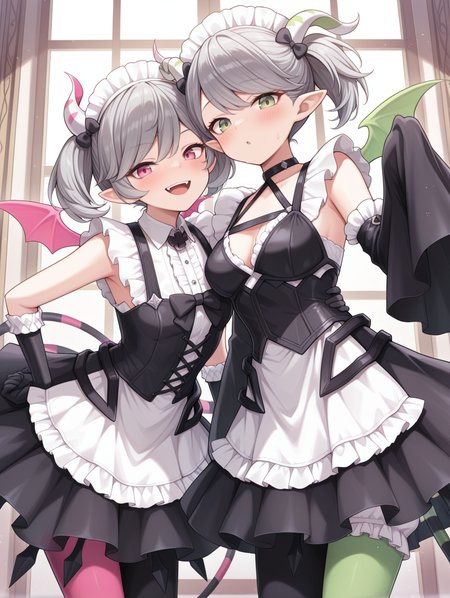twins,demon girl,2girls,open mouth,smile,white maid headdress,black hair bow,arianne the labrynth servant,black bowtie,black cross-laced corset,black elbow gloves,asymmetrical legwear,white frilled dress,arianna the labrynth servant,black corset,black wide sleeves,sleeves past fingers,white maid dress,mismatched legwear,
masterpiece,best quality,amazing quality,very aesthetic,absurdres,newest,<lora:Arianne and  Arianna the Labrynth Servant illusXL v1.1:0.75>,