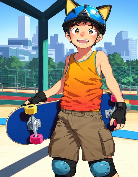 masterpiece, best quality, shounenzoom-style, 2015s, solo, outdoors, skatepark, cityscape, cowboy shot, 1boy, brown hair, brown eyes, looking at viewer, open mouth, smile, orange tank top, sweat, cargo shorts, blush, cat ears, helmet, knee pads, black fingerless gloves, standing, holding skateboard <lora:shounen_zoom-naixl-v7Nc-ShoAI:1>
