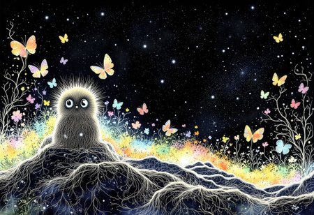 a gritty graphic illustration, Studio Ghibli Dark Fairytale, masterpiece, best_quality, detailed_eyes, 
dark chromatic_colors, monochrome palette, fairytale_landscape, cute_creature, multicolored_fur, sitting, rainbow, magical, starry, butterflies,