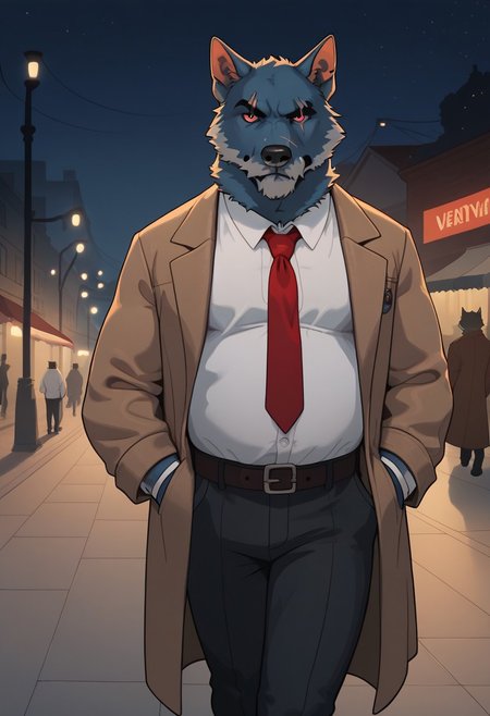 score_9, score_8_up, score_7_up, score_6_up, score_5_up, score_4_up, masterpiece, high quality, detailed face, detailed body, 
anthro, furry, wolf, blue body, eye scar, mouth scar, red eye, right blind eye, grey beard, grey moustache, dad, buff, grumpy, wide body, belly,
Brown trench coat, white shirt, red necktie, long necktie, black social pants, belt, night, detective, walking through the city streets at night, night, hands in pocket,