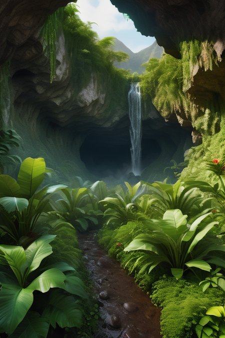 photograph depicting imagery from the novel "journey to the center of the earth",  <lora:SDXLFaeTastic2400:0.8>, 64k, realistic photo, lush vegetation