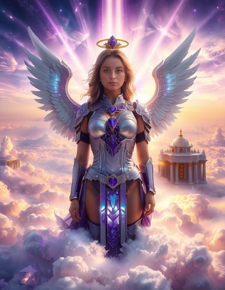 <lora:sky_t3mpl3:1>,cowboy shot,(looking at viewer:1.6),
A fierce warrior angel standing on clouds in front of a majestic celestial sky temple,sky t3mpl3.(arms behind back:1.3), She wears futuristic, sleek black armor with purple accents, blending fantasy and sci-fi elements. Her armor is adorned with glowing, purple gemstones at her chest and shoulders, radiating a soft light that matches the ethereal surroundings. Large, metallic angel wings with a high-tech design extend from her back, with white feathers and metallic frames, combining elegance with strength. She looks directly at the photographer with an intense, focused gaze, creating a powerful connection with the viewer. Behind her, the grand temple is made of gleaming, white stone and crystal pillars, floating among the clouds, illuminated by soft rays of heavenly light. The sky is filled with a soft pink and purple glow, casting a serene yet powerful atmosphere around this divine guardian.<lora:SDXLFaeTastic2400:0.4> <lora:extremely_detailed:0.4> extremely detailed,, Masterpiece,best quality,hi res,8k,hi res,8k,award winning,(sharp focus, intricate, highly detailed),