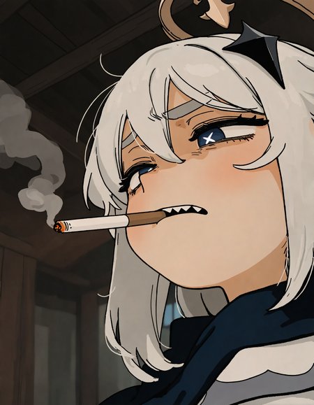 (akai sashimi:1.2), j.k., 
newest, masterpiece, highres, year 2024, year 2023, 
(mesugaki:1.2), 
paimon \(genshin impact\), solo, 1girl, close-up, perspective, :|, mouth hold cigarette, smoking, smoke, (sharp teeth:1.2), half-closed eyes, + +, looking down, (disgust:1.3), wide oval eyes, long eyelashes, thick eyelashes, black eyeliner, 
detailed background, indoors, 
<lora:ponyv4_noob1_2_adamW-000017:0.33>,