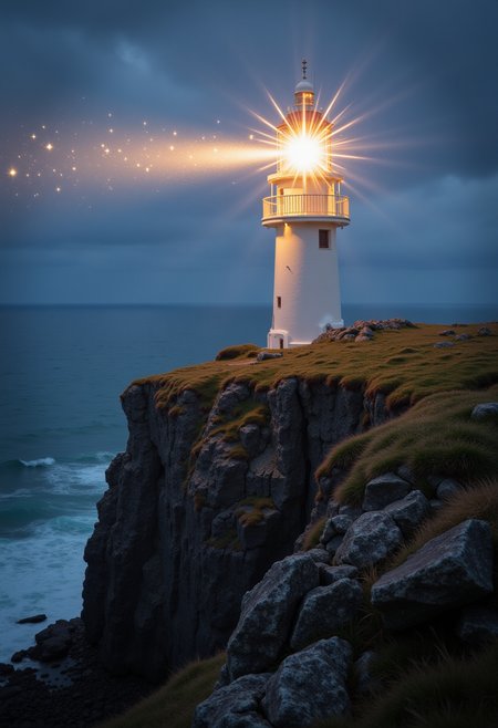 a lighthouse on a cliff (with a sparkling effect:1.2)