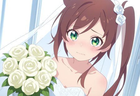 masterpiece, best quality, very aesthetic, anime, detailed background, 1girl, 
<lora:ShizuruChikura_ShuumatsuTrain:0.9> shizuruchikura, brown hair, green eyes, side ponytail, long hair, 
wedding dress, wedding gown, wedding veil, holding flower bouquet, embarrassed, looking at viewer, front view