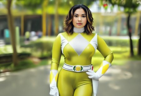 yellow power ranger Grachie, short brunette wavy hair, helmetless, uniform, yellow catsuit, white collar, serious facial expression, standing square-on, in urban park, arms slightly-outstretched, close-up