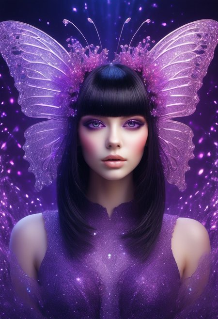 masterpiece, newest,absurdres,incredibly absurdres,1girl, solo, bug, butterfly, bangs, black hair, looking at viewer, long hair, blunt bangs, covered mouth, purple eyes, purple theme, eyelashes, flower, pink eyes, snowflakes, 
dark_theme,abstract background, made of crystals,
depth of field,white sphere on the background,usnr