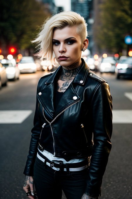 up angle from waist up, portrait photo showing a female biker on a street, leather jacket, tattoos and piercings. Contrasting light from one side. Side cut hair. Blonde hair. (posing:1.3),  she says "Fuck you!", aggressive outlook, dangerous lady.