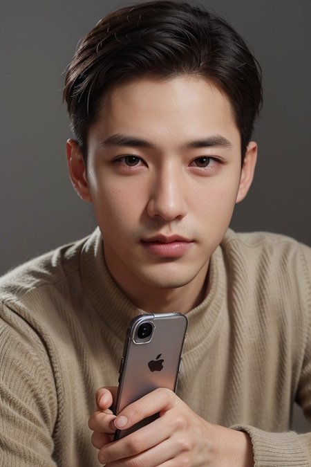original photos of asian boys, (8k, best quality, masterpiece, ultra highres:1), ((realistic)), 
ck,Asian men,mole, solo, lips, grey_background, mole_under_eye, realistic, upper_body, black_hair, brown_eyes, Lower your head,sweater, forehead, nose, turtleneck, 
Holding mobile phone in hand,Sitting on the sofa playing with mobile phone, holding mobile phone in hand, looking at mobile phone,iPhone in hand,
highres best quality sharp focus perfect beautiful, OverallDetail,