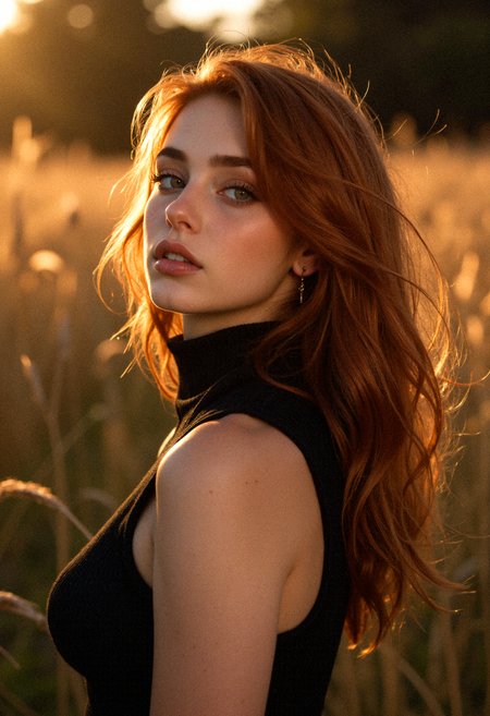 RAW photo, detailed background, detailed background, curvy figure, Fine Detailed, Soft editorial outdoor portrait with an organic, dynamic edge. A red-haired woman stands outdoors wearing a black sleeveless turtleneck and a small gold pendant necklace. She glances over her shoulder, her copper waves slightly tousled by the breeze, strands of hair flowing across her cheek as she holds a serene, almost wistful expression. The background melts into blurred woodland tones, softly washed by golden sunset light. Captured with a fast lens like an 85mm f/1.4 at golden hour, the photo glows with natural light flare, movement, and calm depth, capturing fleeting emotion and atmosphere. thick eyelashes, thick lips, thick arms, large breasts,