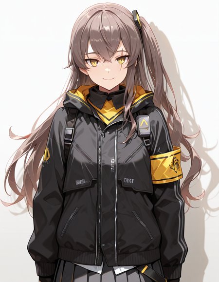 Volumetric Lighting, (masterpiece), (best quality), (ultra-detailed), masterpiece, source_anime, score_9, score_8_up, score_7_up BREAK, illustration, disheveled hair, detailed eyes, perfect composition, moist skin, intricate details, detailed eyes, detailed face, detailed fingers BREAK, UMP45, brown hair, long hair, one side up, yellow eyes, scar across eye BREAK, WinterJourney, one side up, WJ_hair_ornament, WJ_jacket, WJ_skirt, WJ_armband,BREAK, ((white background)), looking at viewer, smile, closed mouth, standing, shadow, upper body