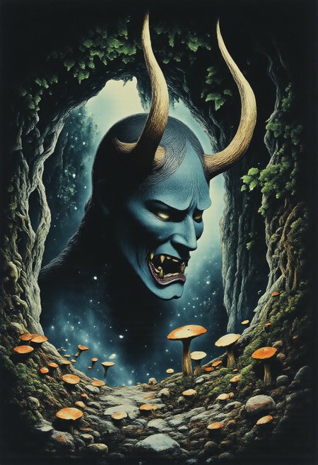 Satyr ArsMovieStill, movie still from a 1970s horror movie Studio Ghibli Dark Fairytale depicting a cursed hannya mask with horns and fangs in an eerie dark forest amidst twisting vines and mushrooms