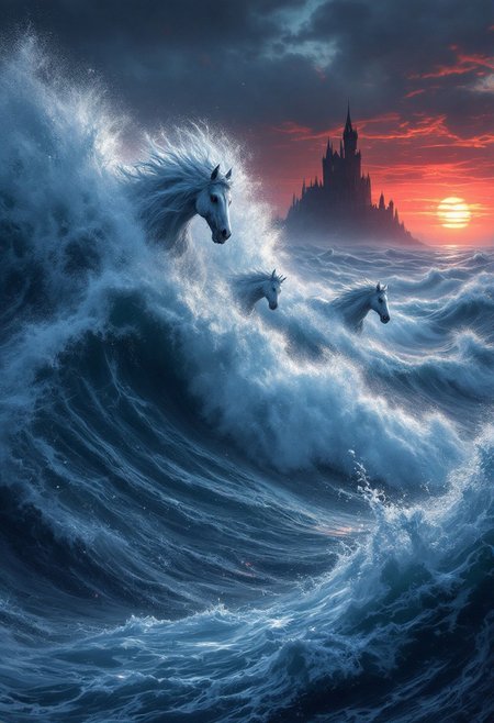 A mesmerizing dark fantasy digital painting that captures a tumultuous ocean, where the waves are depicted as untamed, galloping horses, brimming with life and energy. The white-foamed peaks and troughs of the waves create a powerful sense of motion, with the dramatic use of shadows adding depth and intrigue. In the distance, a gothic castle looms on the horizon, amplifying the enigmatic ambiance. The dominant dark blue color palette is contrasted with deep red hues in the sunset sky, resulting in a captivating and cinematic atmosphere, perfect for a dark fantasy conceptual art piece., dark fantasy, conceptual art, cinematic