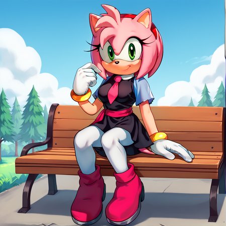 score_9, score_8_up, score_7_up, score_6_up, score_5_up, score_4_up, BREAK,   <lora:amyrosesonicxoutfit:1>, arsonicxoutift, black dress, short dress, white pantyhose, pink necktie, pink sash, short sleeves, outside, pink boots,  animal ears, amy rose, 1girl, animal nose, furry female, pink fur, pink hair, green eyes, solo, furry, outside, trees, clouds, detailed,  white gloves, medium breasts, looking at viewer, smile,  <lora:Amy_Rose:1> <lora:BoldCAT_P3:1>, sitting on bench,
