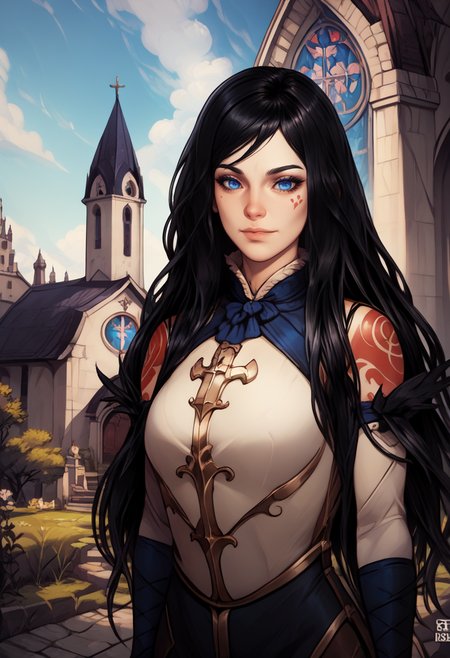 score_9, score_8_up, score_7_up, score_9,  <lora:pony_good_hands:1>, <lora:shanoa:1> shanoa, long hair, black hair, blue eyes, tattoo, calm face, serene look, good_hands, good anatomy, outdoor, church, absurdres,