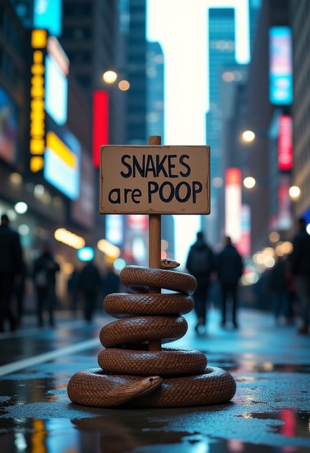 An brown snake coiled up to resemble a piece of coiled dog poop. There is a sign above it that says "SNAKES ARE POOP" the highest quality detail, New York City street, hyper realistic, detailed city background, wet streets, cool lighting with natural blue hue, UHD 8k, angry