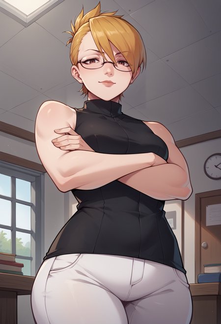 score_9, score_8_up, score_7_up, 1girl, looking at viewer, seductive smile, half-closed eyes, crossed arms, from below, <lora:AdrianAA-pdxl:1> andrews, blonde hair, short hair, folded ponytail, asymmetrical bangs, brown eyes, glasses, sleeveless shirt, black shirt, turtleneck, brown belt, white pants, wide hips, museum, indoors
