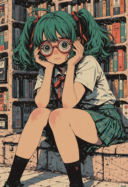 1 girl, shy, blush, panic, funny, fujoshi miku, fujoshimiku, green hair, twintails, opaque glasses, coke-bottle glasses, white shirt, red ribbon, pleated skirt, plaid skirt, socks, long legs, big eyes, flat color, pop art, clean lineart, yoneyama mai, ahoge, shoujo style, flat coloring, soft 
sinozick style, flat color, in the style of cksc, illustration, masterpiece, (extremely detailed CG 8k), (very fine 8K CG), (ultra detailed perfect piece:1.2), lat color, no lineart,,(no lineart, flat art style:1.0), NO_LINE_ART, comical, simple,
 <lora:Sinozick_Style_XL_Pony:0.35> <lora:NOOB_vp1_detailer_by_volnovik_v1:1> <lora:ponyv6_noobV1_2_adamW:0.9> <lora:ck-shadow-circuit-IL:1>