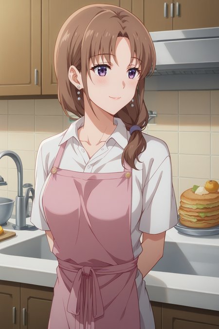 score_9_up, score_8_up, score_7_up, source_anime, 1girl, prefect lighting, very aesthetic, intricate details, highly detailed background, masterpiece, high quality, prefect hands, best quality, solo,
<lora:Akiko_Ayase_Days_with_My_Stepsister_V1:.85>, KJOakiko, brown hair, purple eyes, parted bangs, ponytail, hair over shoulder,
white shirt, pink apron, collared shirt, earrings, 
arms behind back, smile, closed mouth, blush, 
kitchen, sink, food, counter, 
(Beautiful, medium Breasts:1.2), natural breasts,