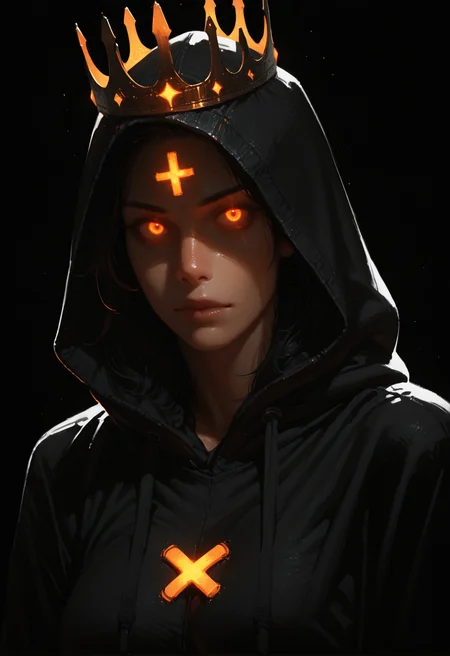 hood, black background, solo, 1girl, hoodie, female focus, , , hood up, black hoodie, crown, simple background, looking at viewer,  glowing, drawstring, glowing eyes, portrait, upper body, black theme, x_x, <lora:Detailer_NoobAI_Incrs_v1:0.75>, masterwork, masterpiece, best quality, dynamic lighting , dynamic pose,,  dynamic angle, , ,  (lineless:1.2), detailed, depth of field, dynamic lighting, blurry, (cheekbones:0.85), (realistic:1.2)
adult, aged up,, ultra-HD, cinematic lighting, photorealistic, (impressionism:1.5), high detail  ,masterpiece, best quality, very aesthetic, 8k,