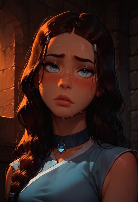 (score_9, score_8_up, score_7_up, score_6_up, score_5_up, score_4_up), 1girl, katara, closeup, face focus, blush, crop top, sweat, sexy, dungeon, pose, hot,  upper body