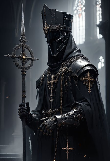 (score_9, score_8_up), score_7_up, 1boy, 2others, church, Highly detailed RAW color Photo, holding staff, holding, cowboy shot, black hair, gloves, hat, hood, cape, from side, profile, makeup, chain, pale skin, robe, pillar,
shoulder armor, gauntlets, pauldrons, mask, dark, full armor, all black armor, black cloak, occult, dark theme, black theme, jewelry, dark, elegant, royal, headpiece, robot, mechanical arm, sci fi, cyborg, robotic circuits, glowing fiber optic cables, 
glistening, glowing, dark lighting, dof, depth of field, realistic, dark background, light partials, CINE, fire embers, low-key,