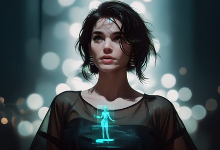 score_9, score_8_up, score_7_up, <lora:Ar3na1989:.55>, ar3na1989, 1girl, dark hair, (hologram), pop singer, (bokeh), sci-fi, dark atmosphere, moody, aesthetic,