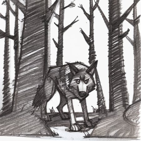 drawix21 wolf in forest, black ink<lora:drawix21:1>