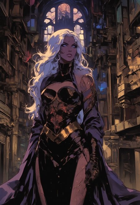 "An elegant and striking Drow elf woman stands confidently in the center of a grand hall, adorned with intricate Drow motifs reminiscent of dark fantasy worlds like the Forgotten Realms. Her skin is smooth and jet-black, a mesmerizing contrast against her flowing, long silver hair that cascades down her back. She wears an elaborate outfit in black and gold that highlights her athletic, sculpted figure, exuding a gothic elegance. Her piercing eyes, glowing with an intense purple hue, watch over the room with a regal, yet dangerous allure. The scene is lit with dim, mystical lighting, casting long shadows across the sophisticated elven architecture, filled with dark, intricate designs. The atmosphere is rich with theatrical sophistication, steeped in the dark, arcane beauty of the Drow culture, without falling into visual excess or clutter, making the entire setting feel like a captivating dark fantasy realm"