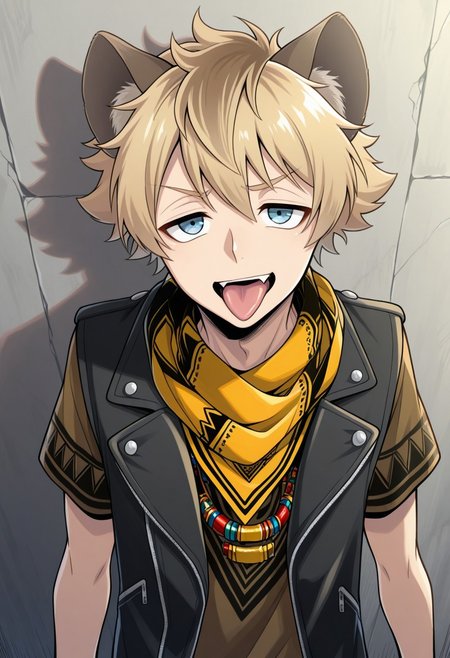 masterpiece,best quality,amazing quality, source_anime,
RuggieBucchi, 1boy, animal ears, male focus, solo, tongue, tongue out, fang, looking at viewer, upper body, blue eyes, open mouth, blonde hair,, dorm uniform, neckerchief, shirt, brown shirt, short sleeves, jewelry, necklace, jacket, cropped jacket, sleeveless jacket, open jacket,