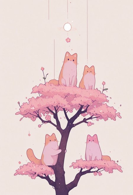 masterpiece, best quality, absurdres, cats sitting on a tree branch, facing each other in an intimate and harmonious pose. The left cat is black, while the right cat is white, creating a striking contrast. They are surrounded by delicate, blooming branches with small flowers, adding a serene and romantic atmosphere. The background is softly blurred, focusing the viewer's attention on the cats and their interaction. The lighting is soft, emphasizing the texture of their fur and the gentle ambiance of the scene. pink heart in front of them, white sphere in the background, h4ra_illu, momosp