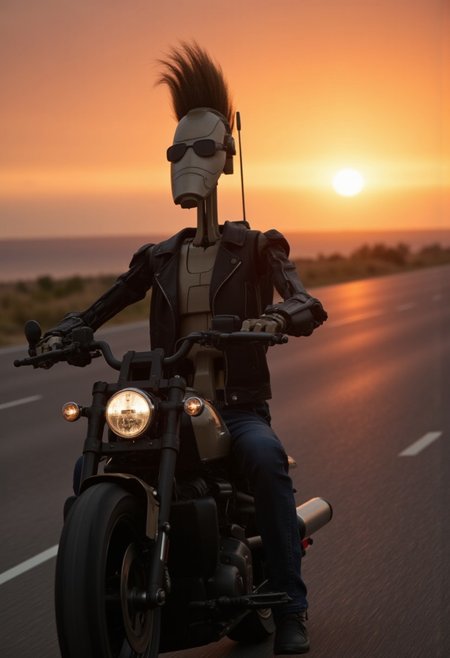 Prompt: "A highly cinematic shot of a Star Wars battle droid riding a Harley motorcycle on a straight highway at sunset. The droid is wearing a black leather jacket and sunglasses. Its hairstyle is an extreme, towering Punch Perm. The sunset casts a dramatic orange glow, reflecting off the droid's metal body, and the open road stretches endlessly ahead. 