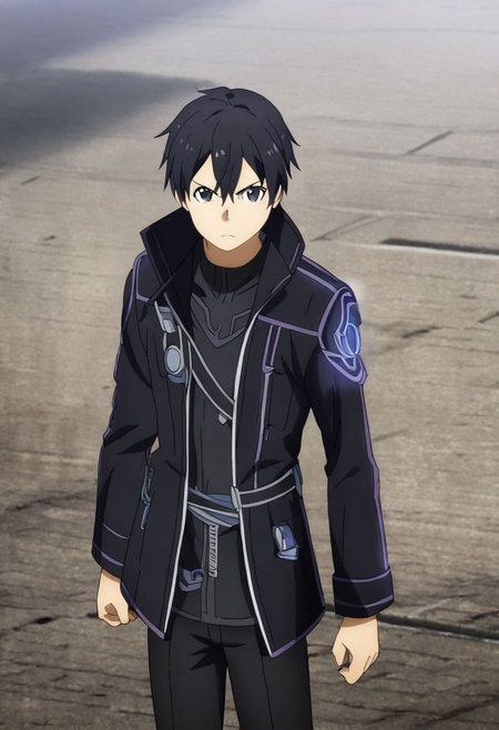 high resolution, professional photography, solo, best quality, 1Boy, Kazuto Kirigaya, Black Hair, Black Eyes, dystopia, black jacket, black shirt, serious looking, black pants, armor, dark fantasy, OverallDetail