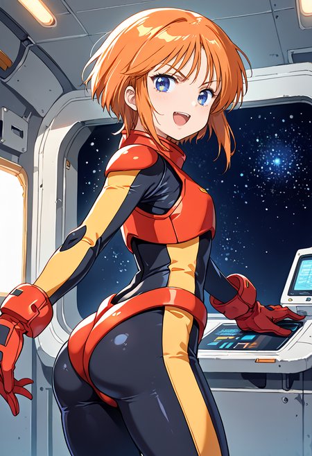 score_9, score_8_up, score_7_up, source_anime BREAK 1girl, solo, zz_pletwo, <lora:zz_pletwo:1>, (1990s\(style)\:0.3), cowboy shot, from behind, ass, skin tight, armor, pilot suit, black bodysuit, red gloves, orange hair, short hair, sidelocks, dark blue eyes, v-shaped eyebrows, looking at you, smile, open mouth, space base, indoors, <lora:zy_Detailed_Backgrounds_v1:0.5>