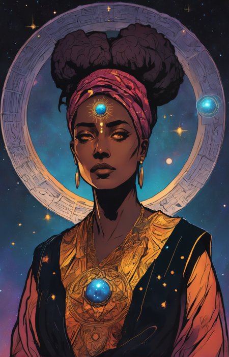 dgst artstyle, graphic illustration, comic art, graphic novel art, vibrant, dark and moody head and shoulders shot of a statuesque Curaaoan woman with a tired expression,  ( theme:1.1) (glowing eyes:1.05), living star constellation, star sign, horoscope, calm composure, benign, cancer,  geometric symbolism, astral power, nebula,  cosmic light,   consciousness,  stardust, backlighting, cosmic space background, otherworldly esoteric atmosphere, <lora:SDXL1.0_Essenz-series-by-AI_Characters_Style_DarkestDungeon-v1.0:0.7>, high quality, 4k, highly detailed