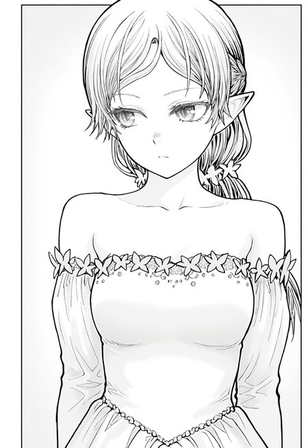 sui, long hair, side-parted bangs, braided hair, sharp eyes, elf ears, medium breasts, wide hips, youthful body, pretty fantasy gown, off-shoulder, elegant neckline, detailed embroidery, soft expression, upper body only, closer shot, looking slightly to the side, manga, monochrome, uncle from another world