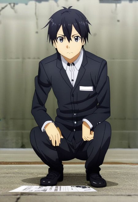 high resolution, professional photography, solo, best quality, 1Boy, Kazuto Kirigaya, Black Hair, Black Eyes, lofi, candid, squat, depth of field, photo model, looking at viewer, OverallDetail