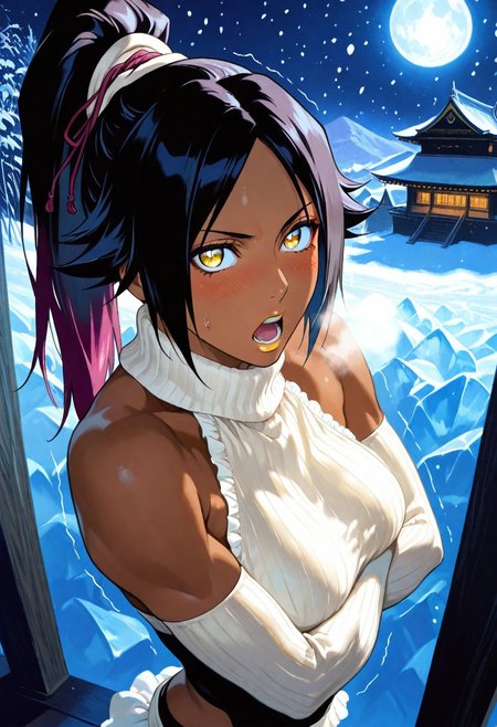 xsabux, oil painting \(medium\), brush \(medium\), sharp brush strokes, murata yuusuke, kubo tite, extremely detailed, studio lighting, magnificent composition, fashion, masterpiece, best quality, very aesthetic, absurdres,  eye-catching, 1girl, yoruichi shihouin, long hair, black hair, ponytail, high ponytail, yellow eyes, big pupils, detailed eyes, pretty eyes, plum lips, dark-skinned female, athletic, slightly toned muscles, confident, mature, skindentation, from bleach, diagonal shot with clockwise rotation, foreshortening, vibrant colors, shadows, solo, bare shoulders, blush, breath, crossed arms, detached sleeves, frills, looking at viewer, open mouth, sleeveless, trembling, upper body, ((from above)), blue and black theme, moon, moonlight, ice mountains, snowing, shadows of Japanese castle,