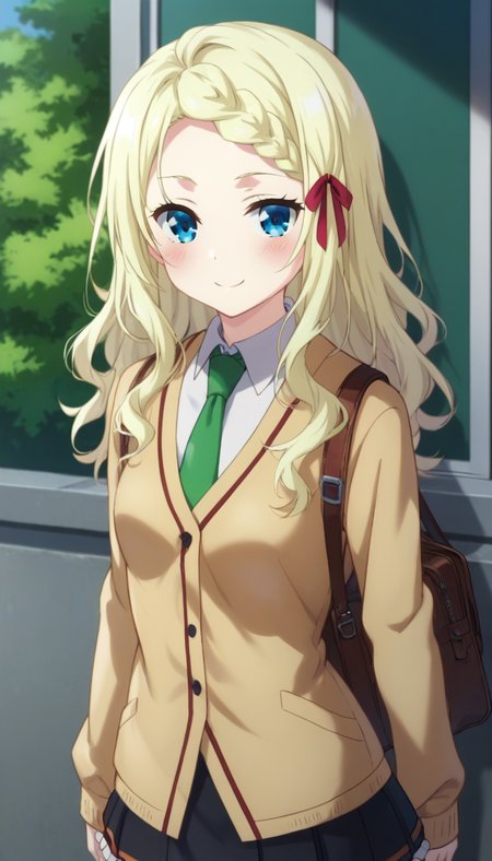 score_9,score_8_up,score_7_up,score_6_up BREAK official art,solo,outdoors,upper body,(portrait:1.5),looking at viewer,facing viewer,smile,blush,Lucy Tsukioka,long hair,wavy blond hair,hair ribbon,red ribbon,sidelocks,braided bangs,blue eyes,school uniform,brown cardigan,green necktie,collared shirt,white shirt,small breasts,long sleeves,miniskirt,black skirt,pleated skirt,zettai ryouiki,white thighhighs,frilled thighhighs,loafers,<lora:Lucy Tsukioka(at)-Pony:1.4>,