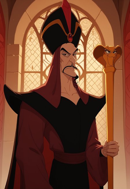 safe_pos, safe_pos, safe_pos, score_9, score_8_up, rating_nsfw, ultra hd, absurdres, best quality, best aesthetic, masculine, solo, 1boy, male focus, perfect proportions, handsome,  erotic, alluring, hand with five fingers, mature male,

DisneyJafar, facial hair, staff, black robes, cape, mustache, hat, snake staff, Expressiveh, aesthetic lighting, detailed background, arabic castle, looking at viewer, half body
