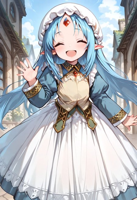 masterpiece, best quality, good quality, very awa, very aesthetic, absurdres, newest, gr4ph1t3, beautiful eyes, perfect eyes, detailed eyes, 1girl, solo, eset_kalar_il ,pointy ears,blue hair,long hair,red gem forehead,, Victorian style maid clothes, full sleeves, long apron, classic, maid mob cap, looking at viewer, happy, open mouth, closed eyes, very cute, blush, heartwarming, waving hand, motion lines, closeup, outdoors, intown, fantasy