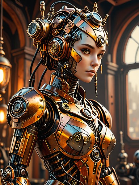 steampunk female robot  <lora:add-detail-xl:1> masterpiece, 8k,warm colors, illustration